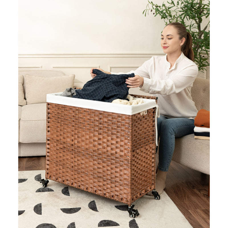 Laundry Hamper With Lid PE Rattan Powder Coating Frame Clothes Hampers With 2 Removable Bags