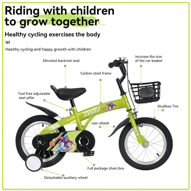 Fkznpj - 18" Sporty Kids Bike With Training Wheels And Stand Adjustable Saddle Suitable For Boys And Girls Aged 5 - 10 Years Tall Height 39 - 49" Available In A Variety Of Colors