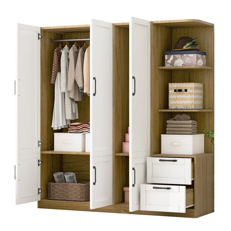 3 Door Storage Wardrobe For Dedroom With Shelves And 2 Drawers, Side Storage Shelves