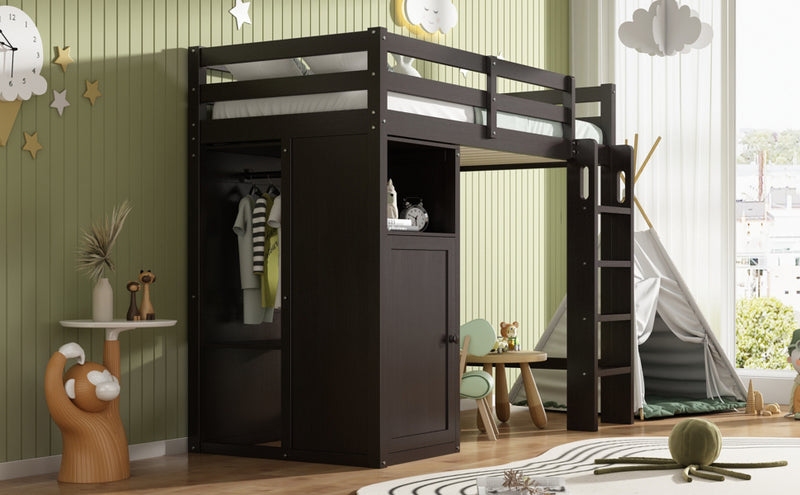 Twin Loft Bed with Wardrobe, Storage Shelves and Ladder, Espresso