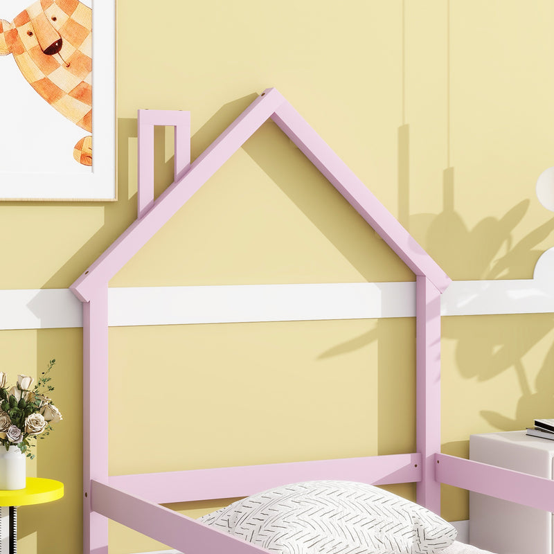 Twin Size Wood bed with House-shaped Headboard Floor bed with Fences,Pink