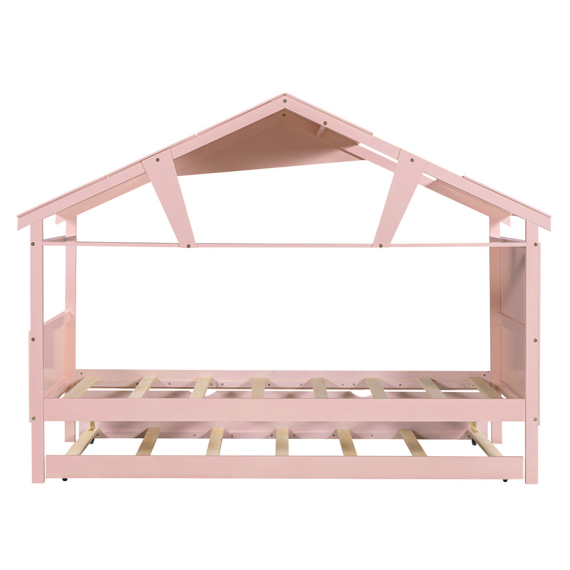 Wood Twin Size House Bed with Trundle and Storage, Pink