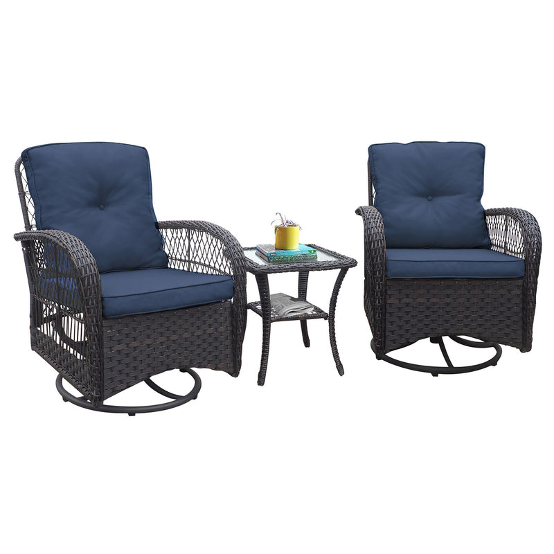 3 Pieces Conversation Set, Outdoor Wicker Rocker Swivel Patio Bistro Set, Rocking Chair With Glass Top Side Table