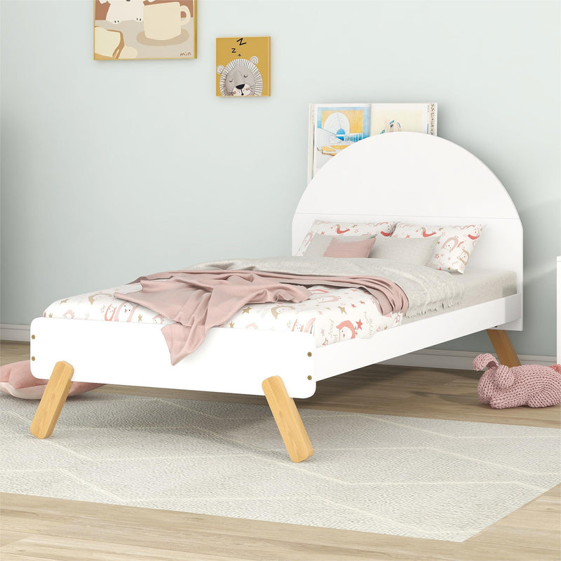 Wooden Cute Platform Bed With Curved Headboard,Twin Size Bed With Shelf Behind Headboard,White