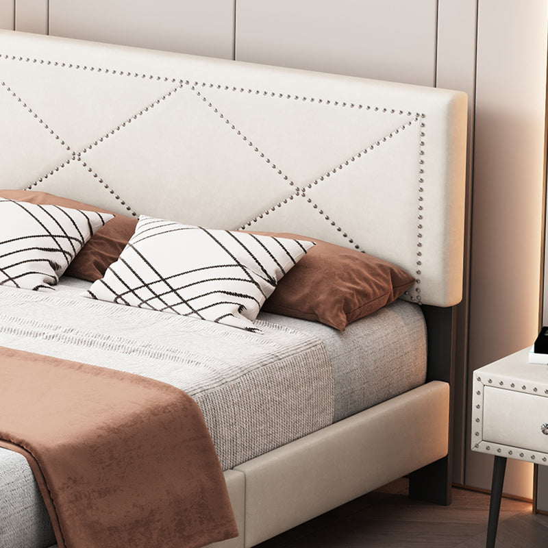 Simple Queen Size Upholstered Bed Frame with Rivet Design, Modern Velvet Platform Bed with headboard, Beige