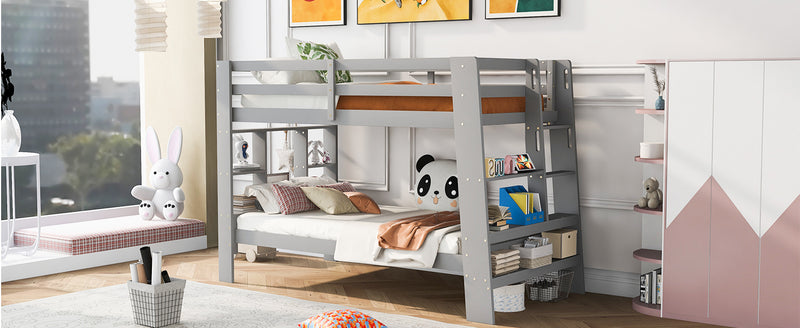 Twin over Twin Bunk Bed with Shelves and Built-in Ladder, Gray