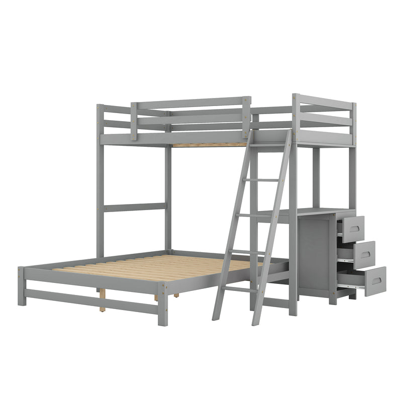 Twin over Full Bunk Bed with Built-in Desk and Three Drawers,Grey