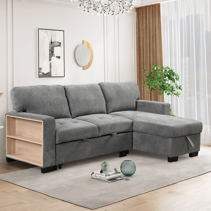 Stylish And Functional Light Chaise Lounge Sectional With Storage Rack Pull-Out Bed Drop Down Table And USB Charger