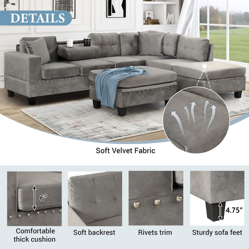 Modern Sectional Sofa With Storage Ottoman, L-Shape Couch With 2 Pillows And Cup Holder, Sectional Sofa With Reversible Chaise For Living Room