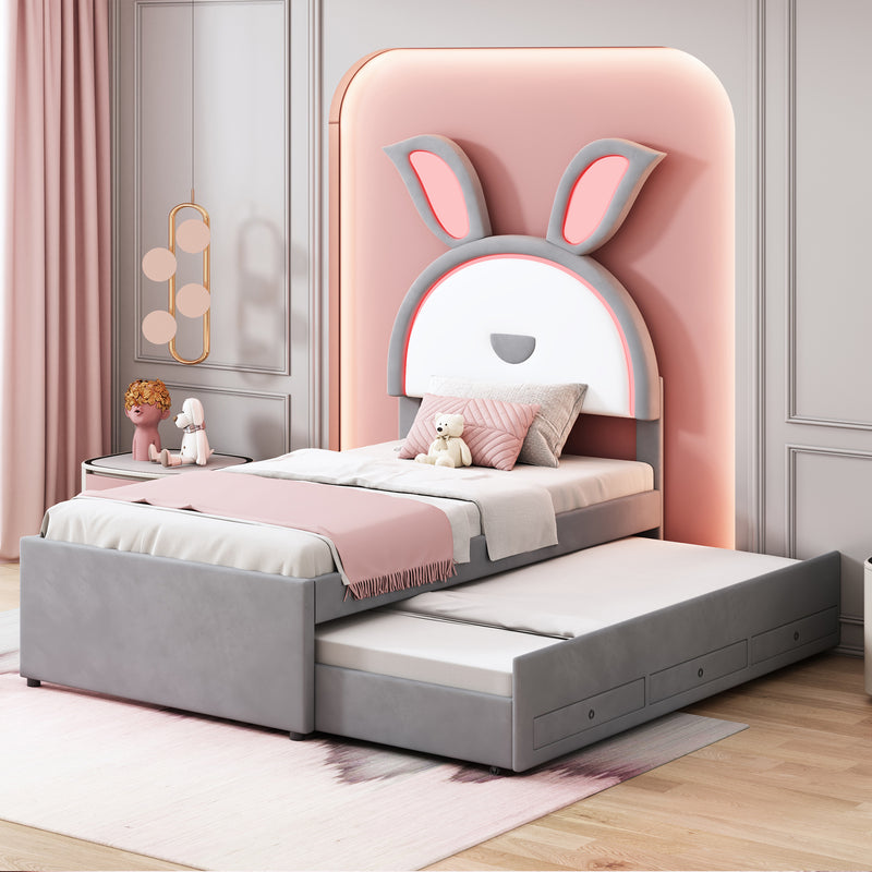 Twin Size Upholstered Platform Bed with Trundle and 3 Drawers, Rabbit-Shaped Headboard with Embedded LED Lights, Gray