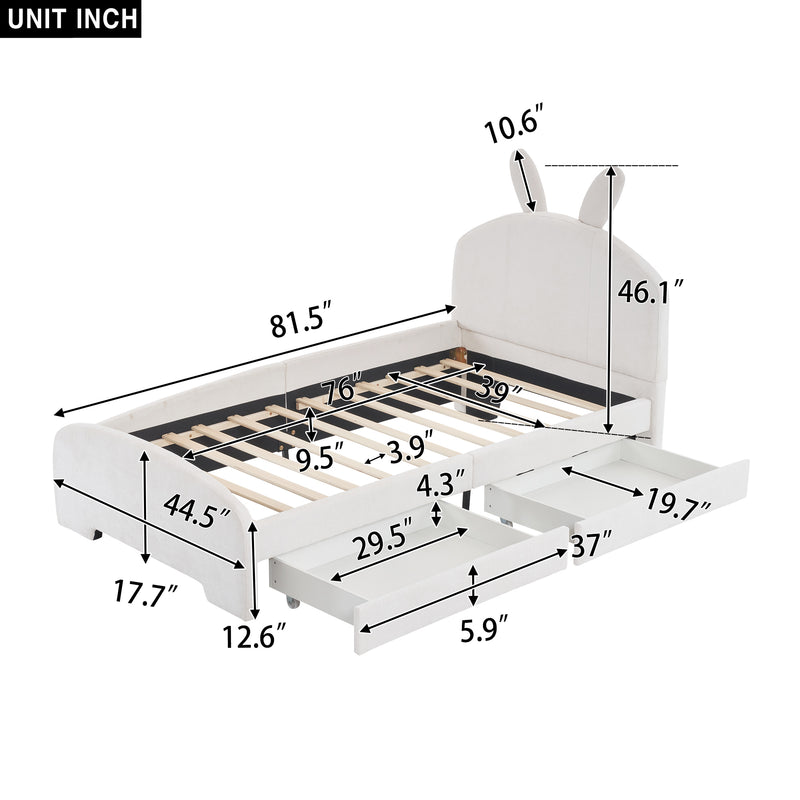 Twin Size Upholstered Platform Bed with Cartoon Ears Shaped Headboard and 2 Drawers, White