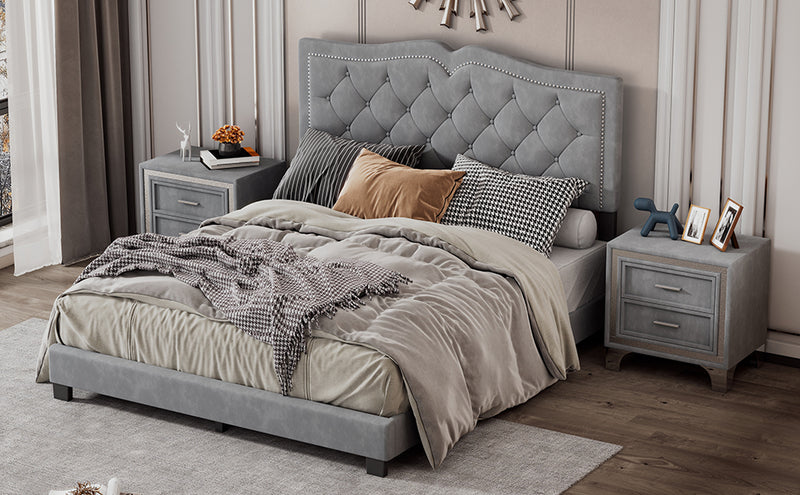 Queen Size Upholstered Bed Frame with Rivet Design, Modern Velvet Platform Bed with Tufted Headboard,Gray