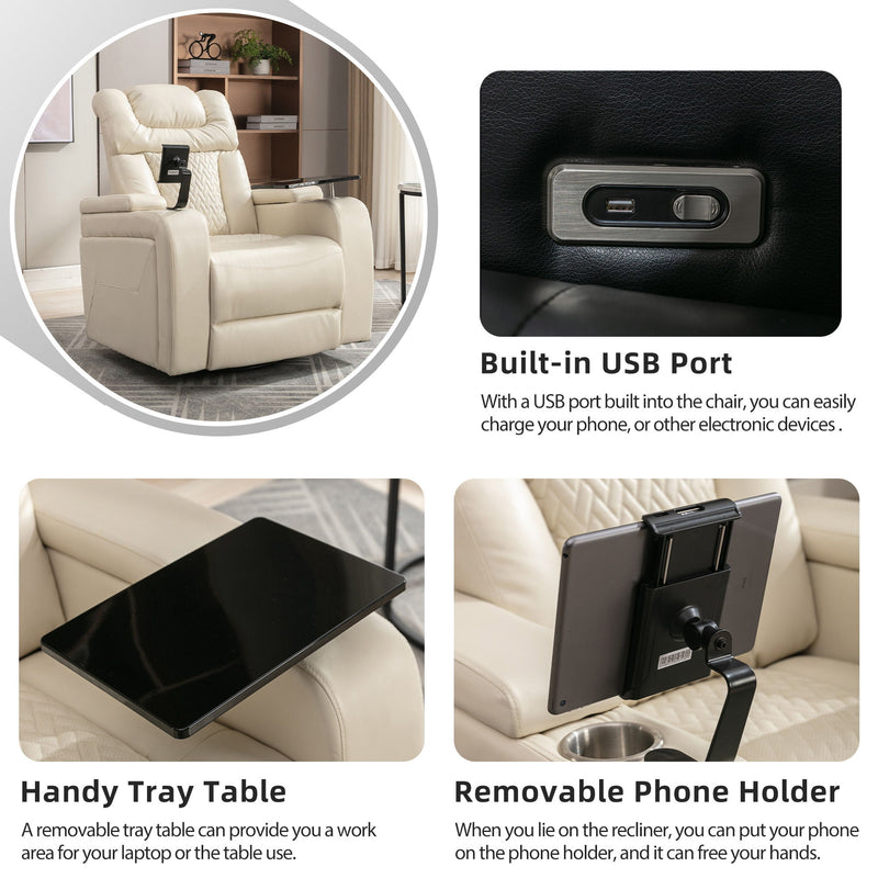 270° Swivel Power Recliner Individual Seat Home Theater Recliner With Comforable Backrest, Tray Table, Phone Holder, Cup Holder, USB Port, Hidden Arm Storage For Living Room