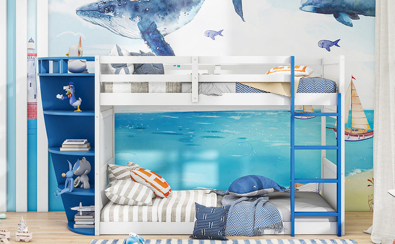 Twin over Twin Boat-Like Shape Bunk Bed with Storage Shelves, White+Blue