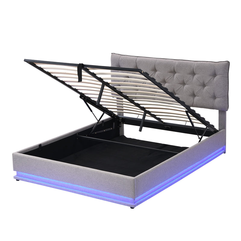 Upholstered Bed With Hydraulic Storage System And LED Light, Modern Platform Bed With Button-Tufted Design Headboard