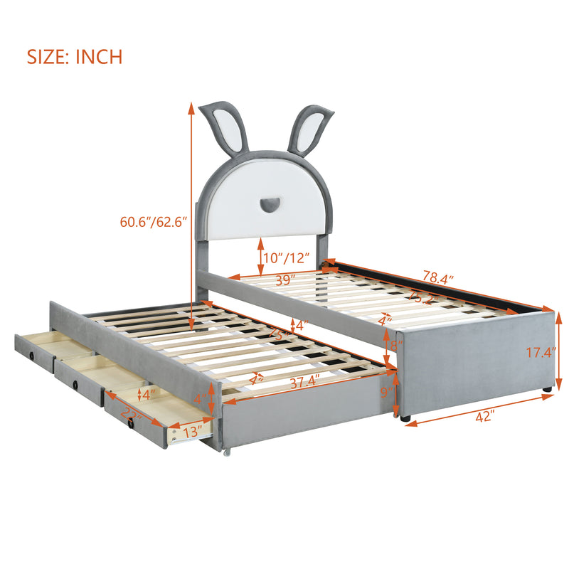 Twin Size Upholstered Platform Bed with Trundle and 3 Drawers, Rabbit-Shaped Headboard with Embedded LED Lights, Gray