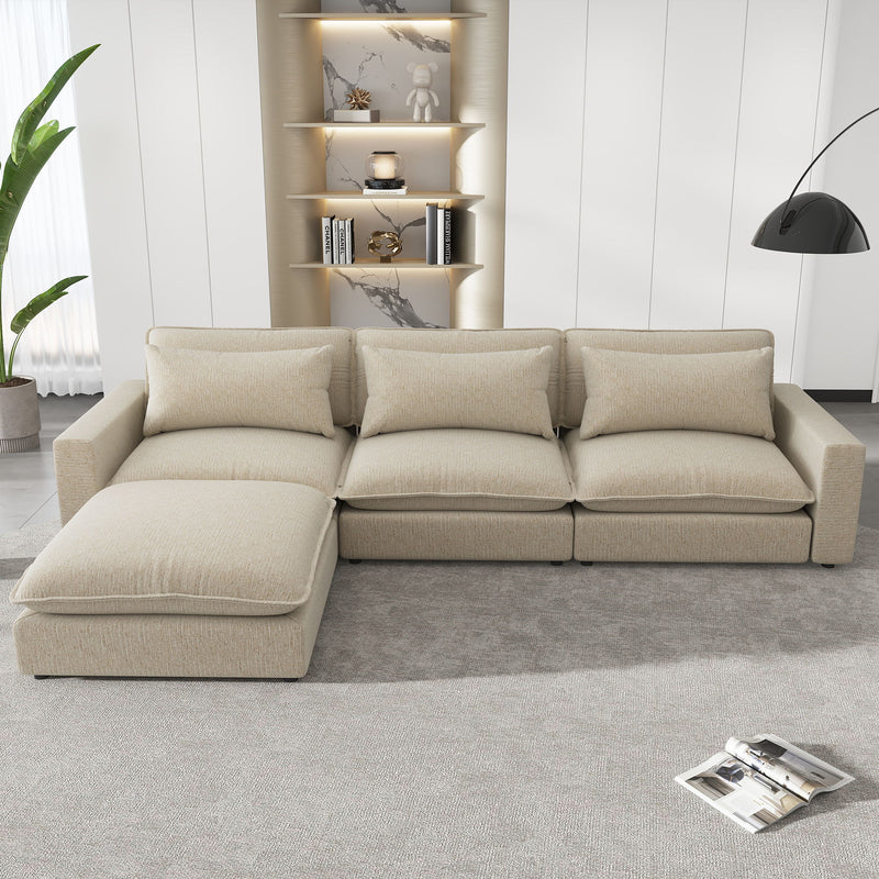 Sectional Sofa Cloud Sofa Chenille Upholstered Sofa Couch With Movable Ottoman, Comfortable Seat Cushions, Charging Ports And Three Back Pillows For Living Room