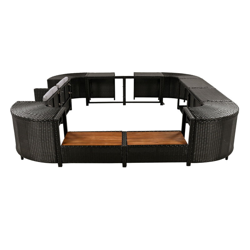 Spa Surround Spa Frame Quadrilateral Outdoor Rattan Sectional Sofa Set With Mini Sofa, Wooden Seats And Storage Spaces