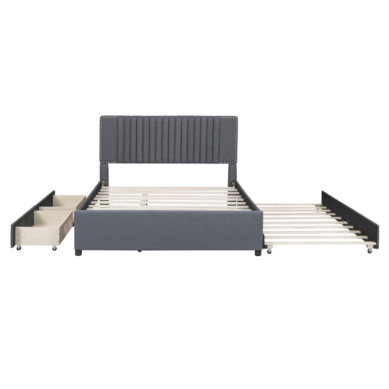 Queen Size Upholstered Platform Bed with 2 Drawers and 1 Twin XL Trundle, Classic Headboard Design, Gray