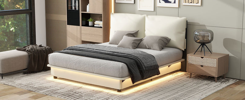 Queen Size Upholstered Platform Bed with Sensor Light and Ergonomic Design Backrests, White