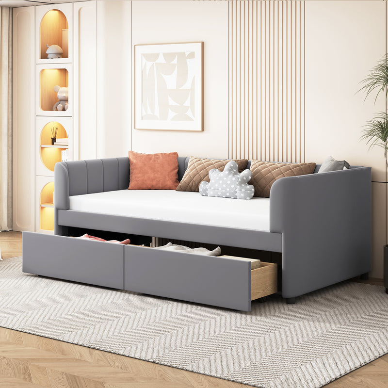 Twin Size Upholstered Daybed with Ergonomic Design Backrest and 2 Drawers, Gray