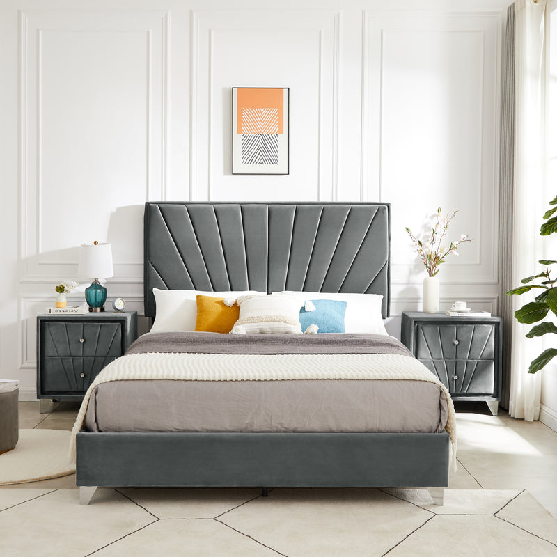 B108 Full bed with two nightstands, Beautiful line stripe cushion headboard , strong wooden slats + metal legs with Electroplate