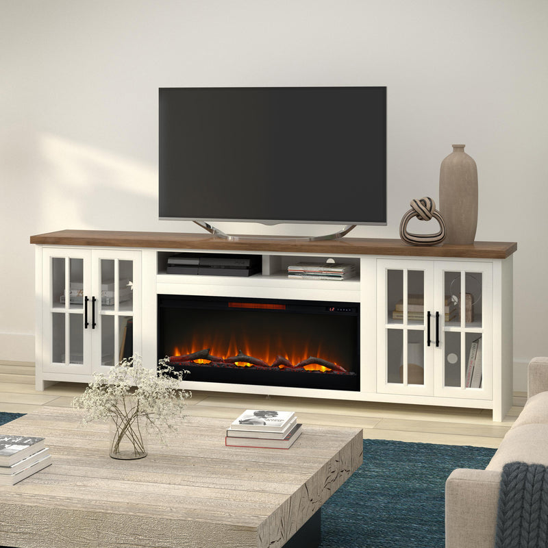 Bridgevine Home Hampton 97 inch Fireplace TV Stand Console for TVs up to 100 inches, Minimal Assembly, Jasmine Whitewash and Barnwood Finish