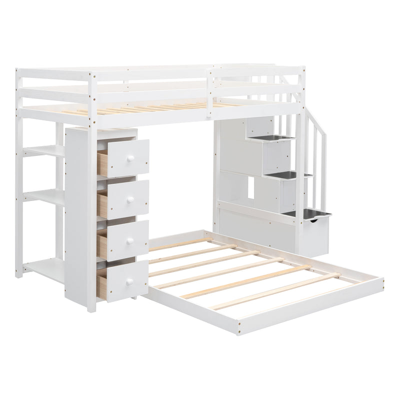 Twin Over Full Bunk Bed with 3-layer Shelves, Drawers and Storage Stairs, White