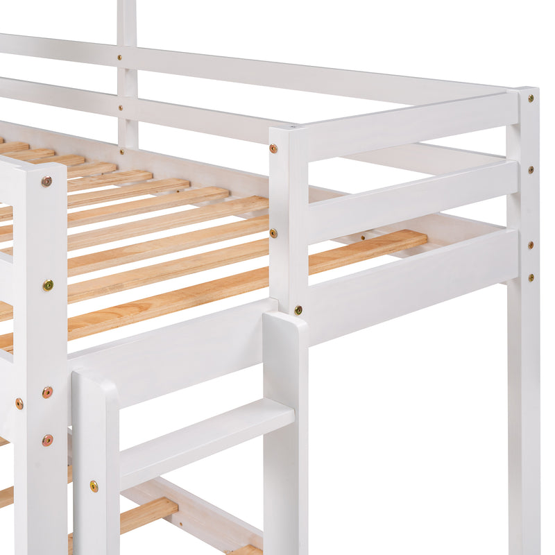 Twin Over Twin Bunk Bed Wood Bed with Roof, Window, Guardrail, Ladder (White)(OLD SKU :LP000056AAK)