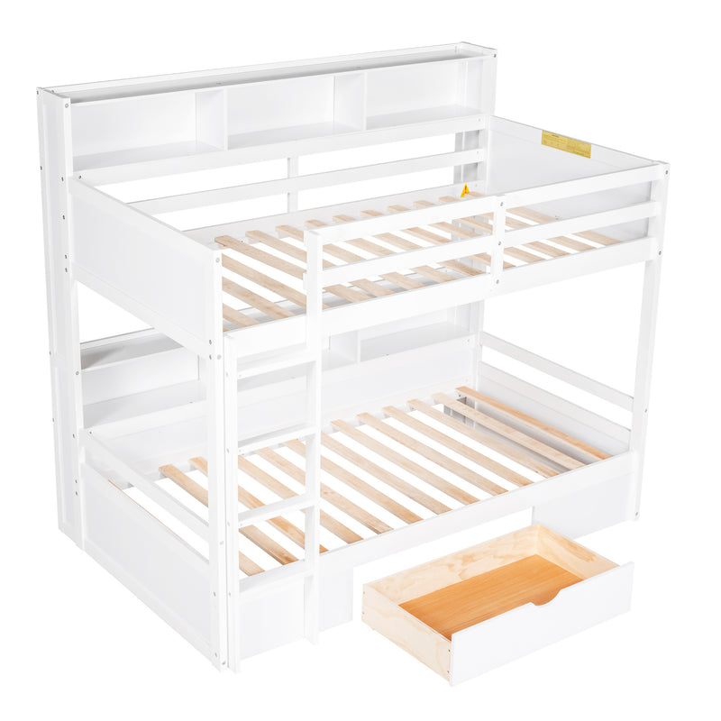 Twin Size Bunk Bed with Built-in Shelves Beside both Upper and Down Bed and Storage Drawer,White