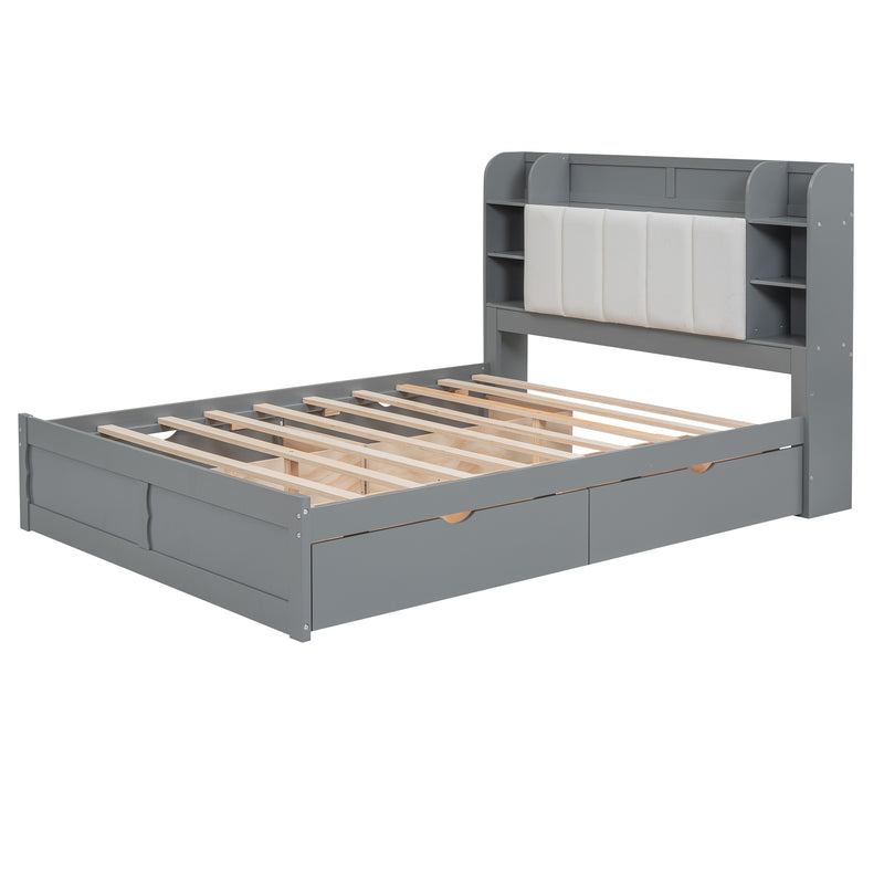 Wood Queen Size Platform Bed with Storage Headboard, Shelves and 4 Drawers, Gray