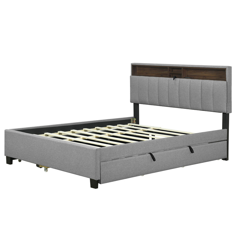 Queen size Upholstered Platform Bed with Storage Headboard, Twin XL Size Trundle & 2 drawers and a set of Sockets & USB Ports, Linen Fabric, Gray