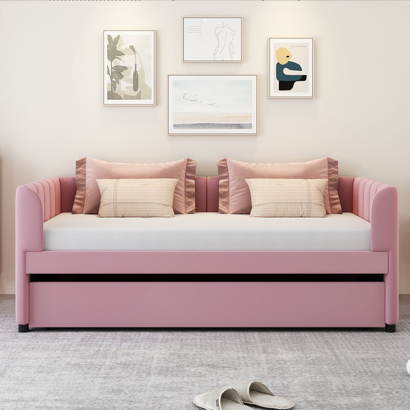 Twin Size Upholstered Daybed with Ergonomic Design Backrest and Trundle, Pink