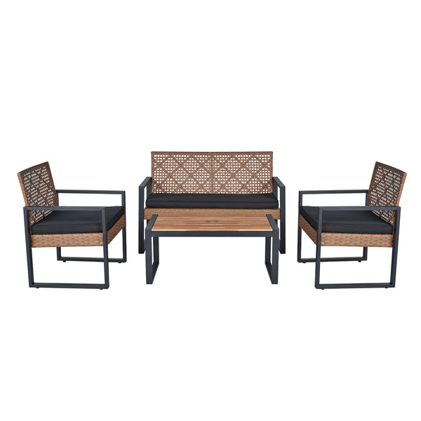 4 Piece Patio Furniture Set Outdoor Balcony Porch Garden Backyard Lawn Furniture Acacia Wood Table Top, Morden - Black And Light Brown