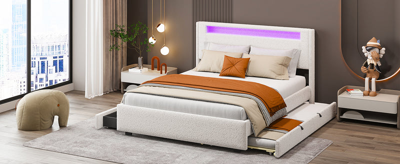 Queen Size Upholstered Platform Bed with LED Frame, with Twin  XL Size Trundle and 2 drawers, Teddy Fleece, White