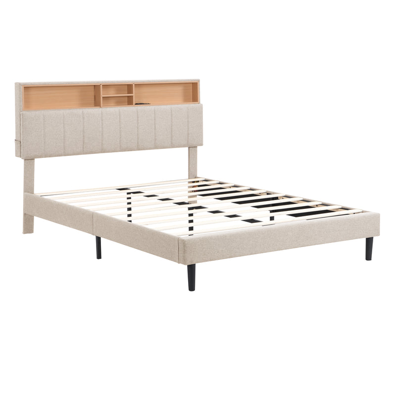 Queen Size Upholstered Platform Bed with Storage Headboard and USB Port,  Linen Fabric Upholstered Bed (Beige)