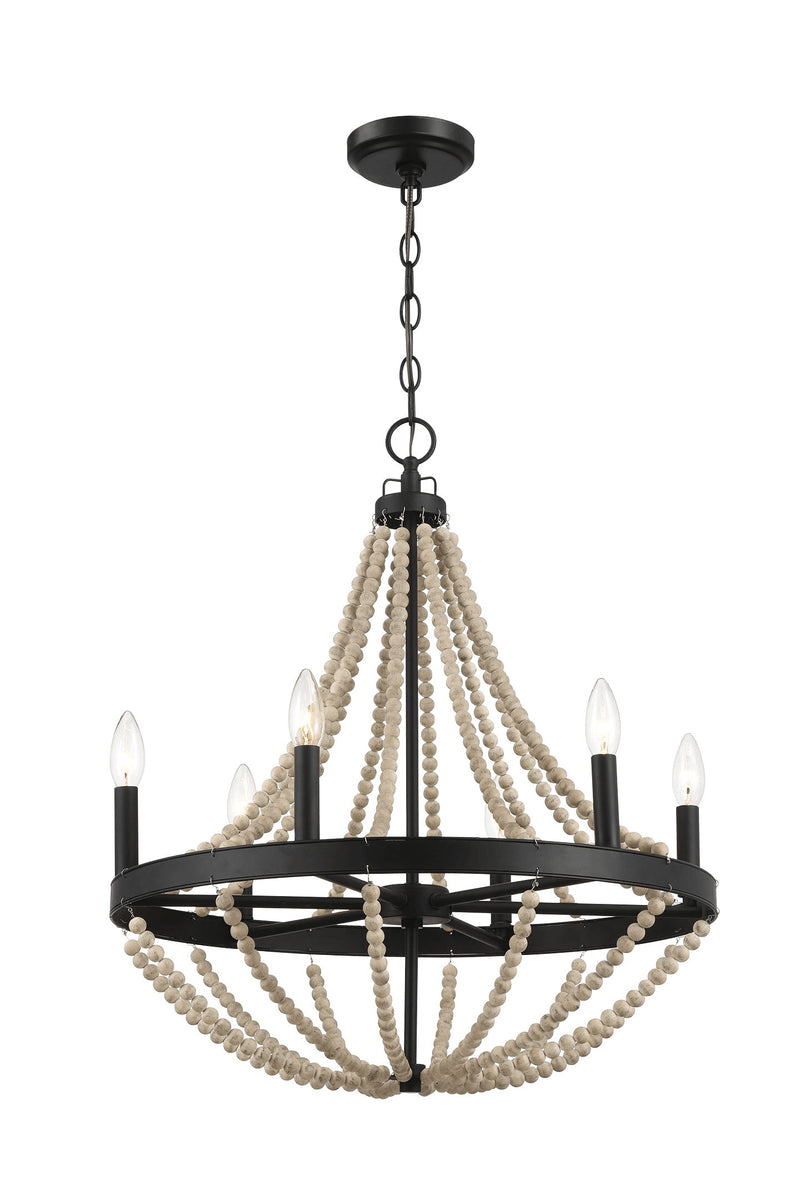 Starry - Chandelier Farmhouse Six Candle Light Wood Beaded Pendant Light For Dining Room - Black / Clear