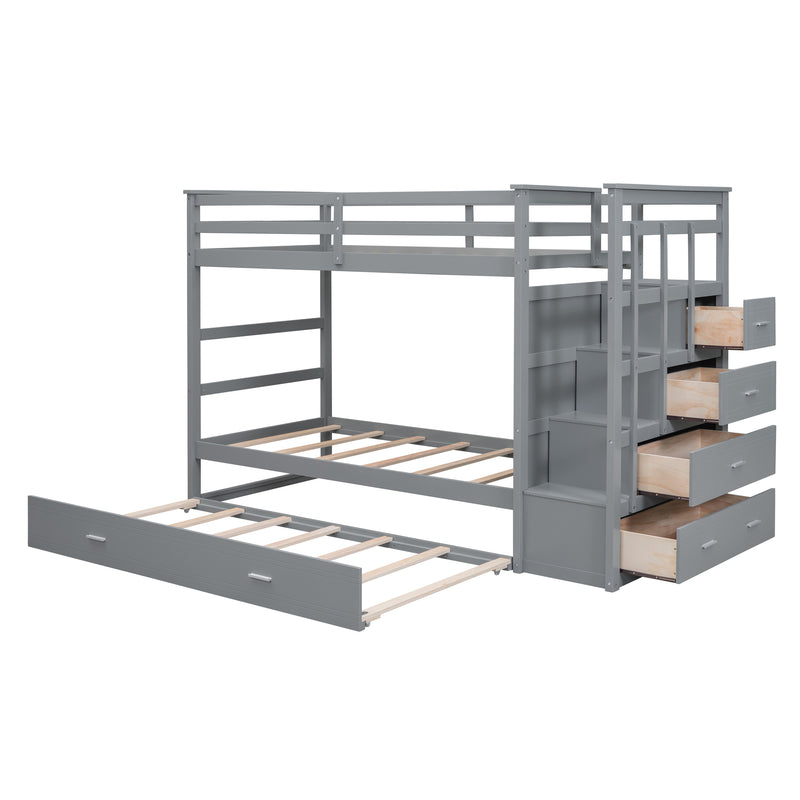 Twin Over Twin Bunk Bed with Trundle and Staircase,Gray(OLD SKU:LT000068AAE)