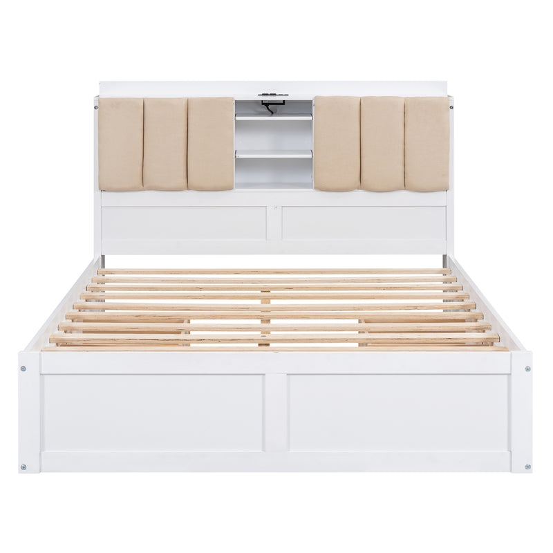 Wood Full Size Platform Bed with Storage Headboard and 4 Drawers, White