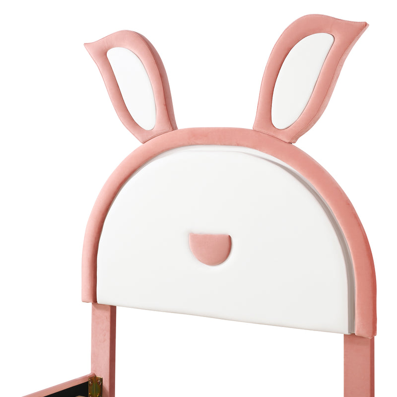 Twin Size Upholstered Platform Bed with Trundle and 3 Drawers, Rabbit-Shaped Headboard with Embedded LED Lights, Pink