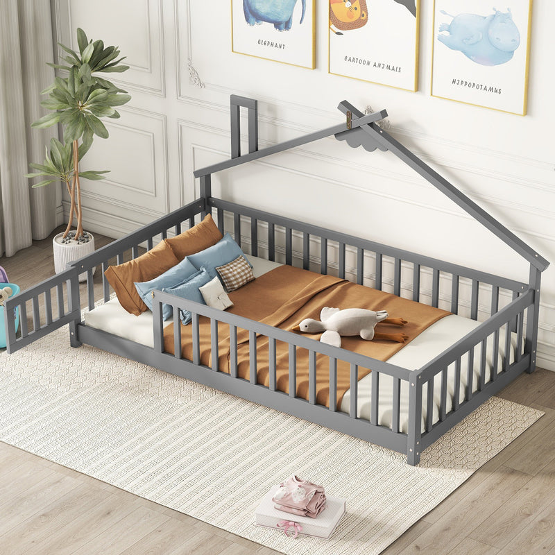 Twin House-Shaped Bedside Floor Bed with Guardrails, Slats, with Door,Grey