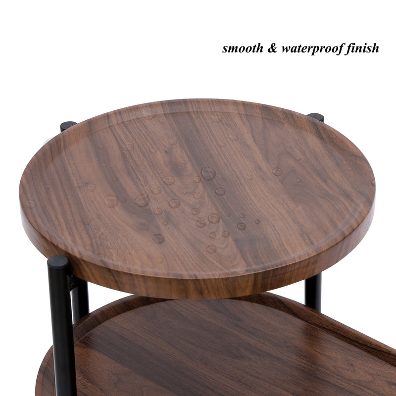 Round Coffee Table With Storage Tray 2 Tier Oval End Tables Wooden Small Side Table For Living Room