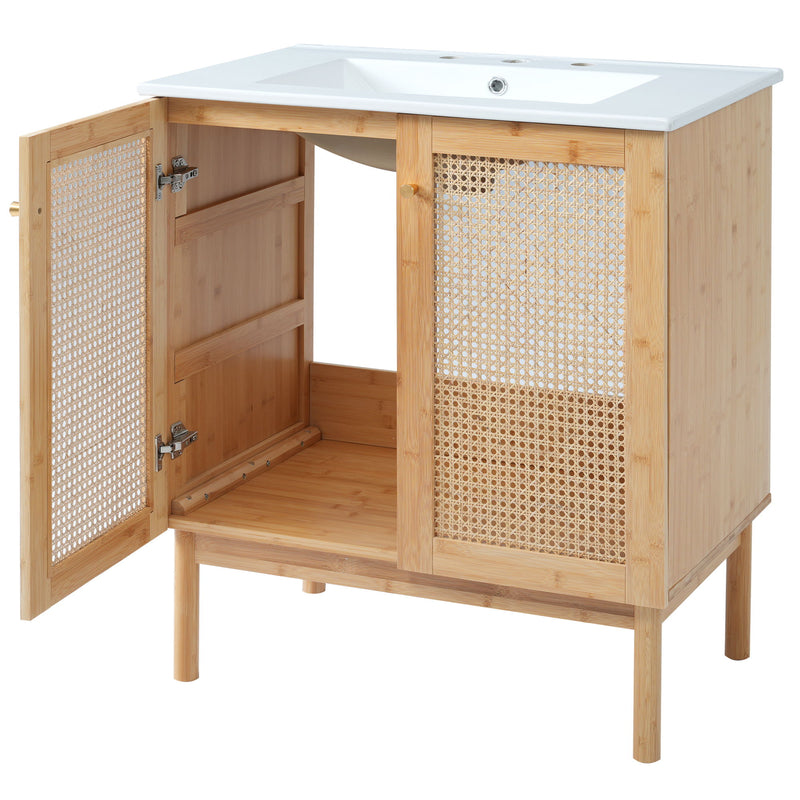 Bathroom Vanity Crafted From Natural Materials, Featuring Handmade Rattan Doors And Soft-Closing Mechanisms - Light Brown