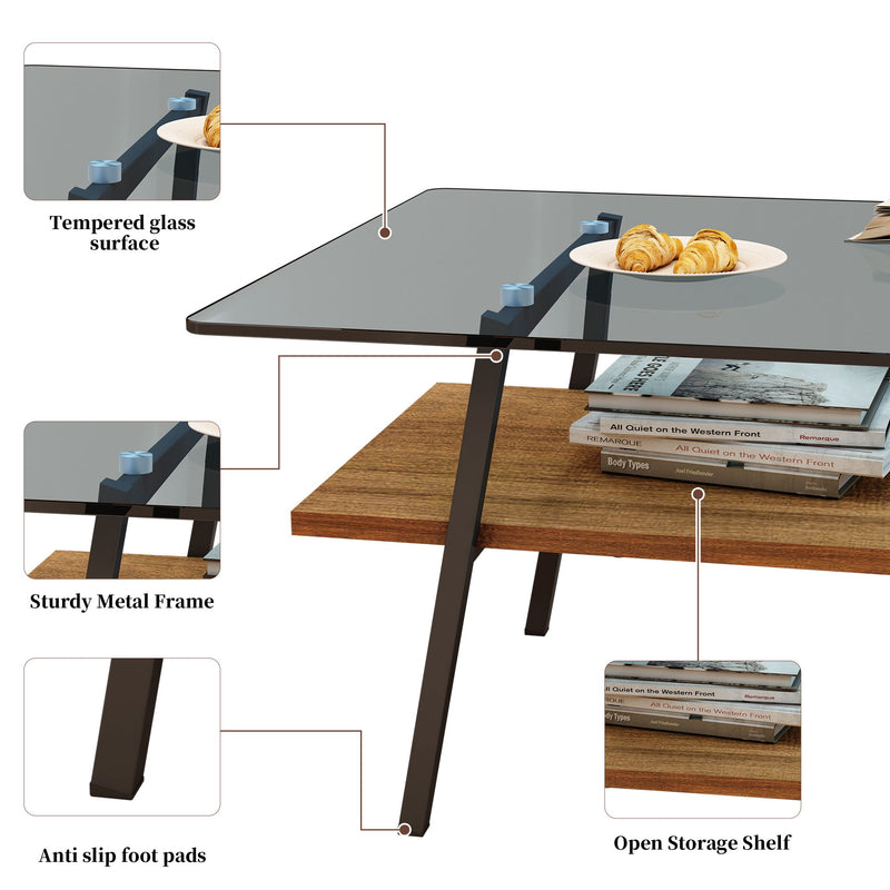 Rectangle Coffee Table, Tempered Glass Tabletop With Metal Legs