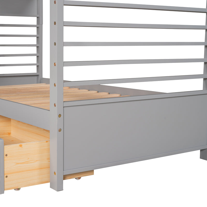 Twin over Twin Wood Bunk Bed with Two Drawers - Gray