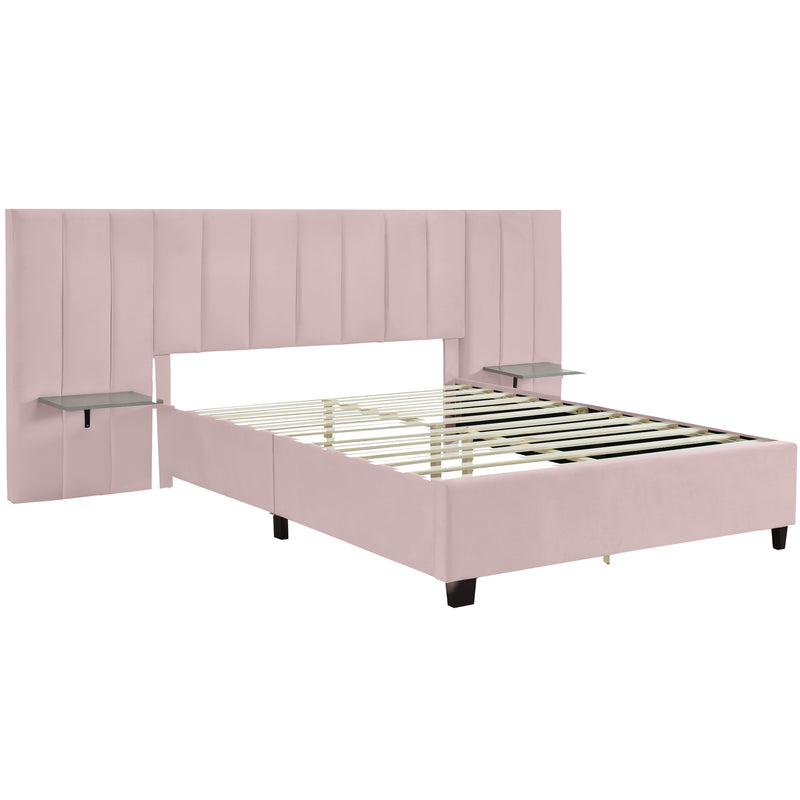 Queen Size Upholstered Platform Bed with Big Headboard, Bedroom Furniture, Velvet, Pink