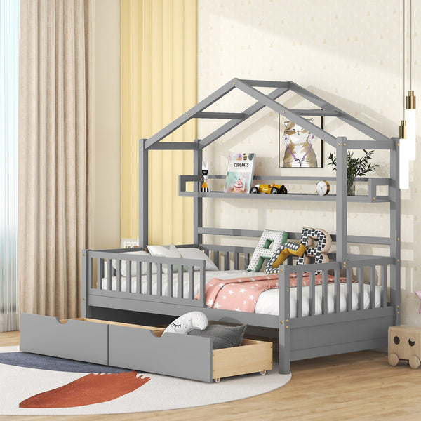 Wooden Twin Size House Bed with 2 Drawers,Kids Bed with Storage Shelf, Gray