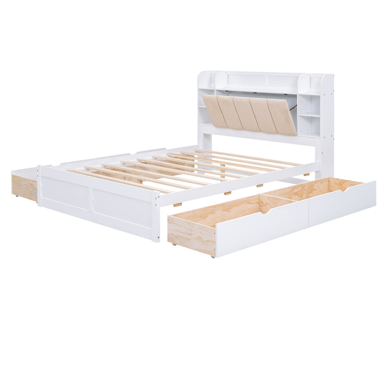 Wood Queen Size Platform Bed with Storage Headboard, Shelves and 4 Drawers, White