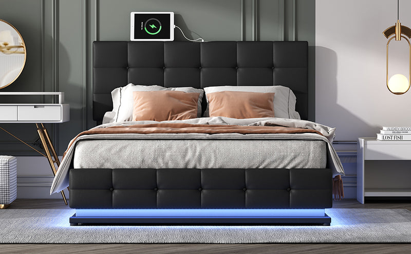 Tufted Upholstered Platform Bed with Hydraulic Storage System,Queen Size PU Storage Bed with LED Lights and USB charger, Black