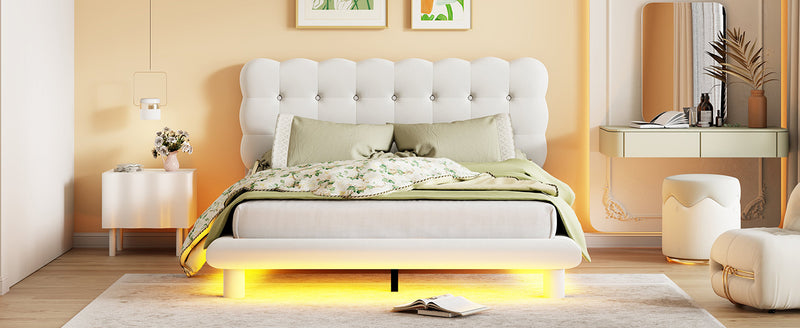 Queen Size Velvet Platform Bed with LED Frame, Thick & Soft Fabric and Button-tufted Design Headboard, Beige